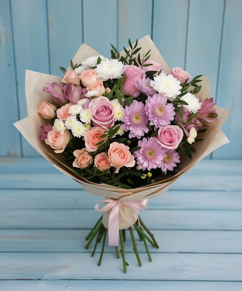 Букет цветов из: Хризантемы, Розы и Альстромерии в Горбатовке