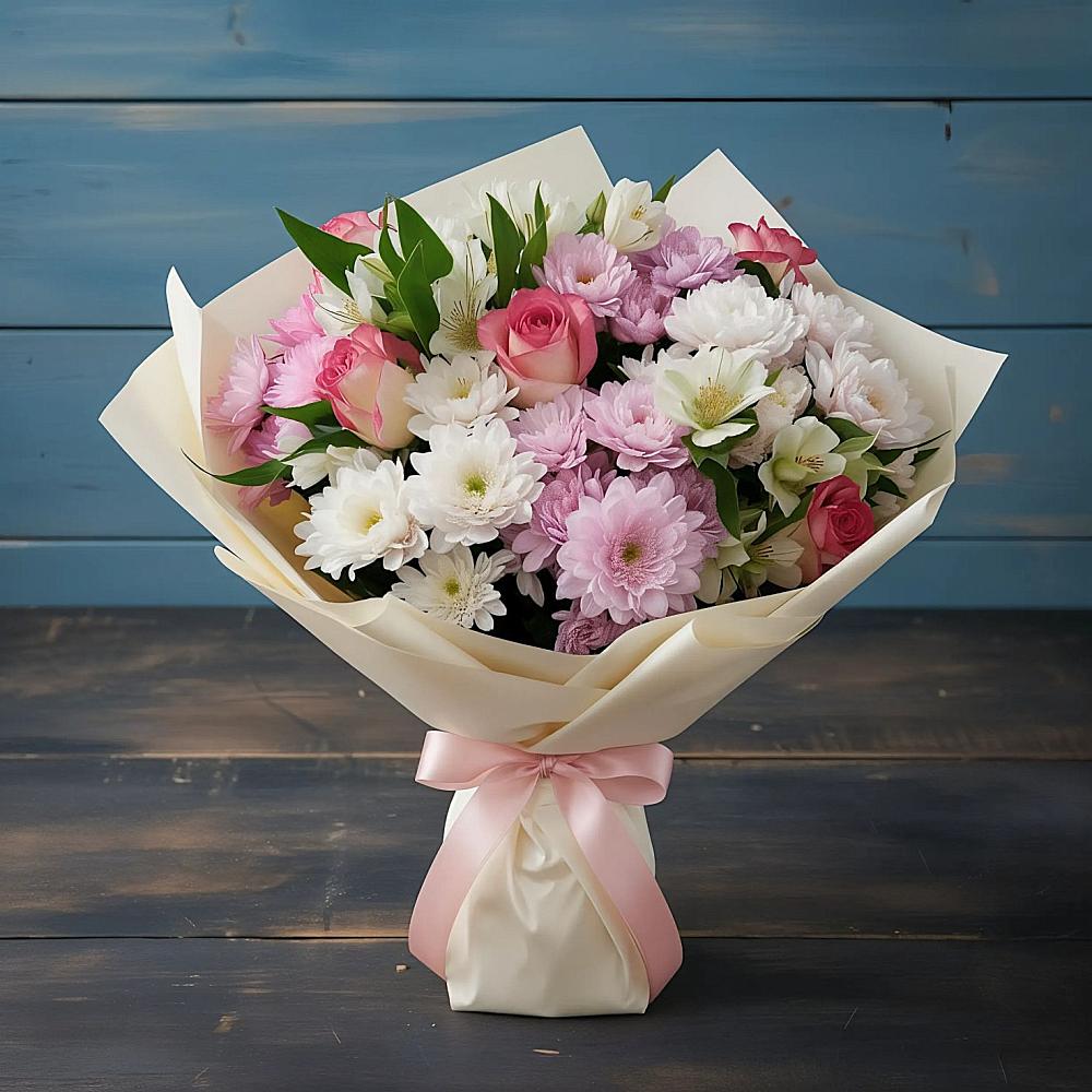 Букет цветов из: Хризантемы, Альстромерии и Розы в Горбатовке